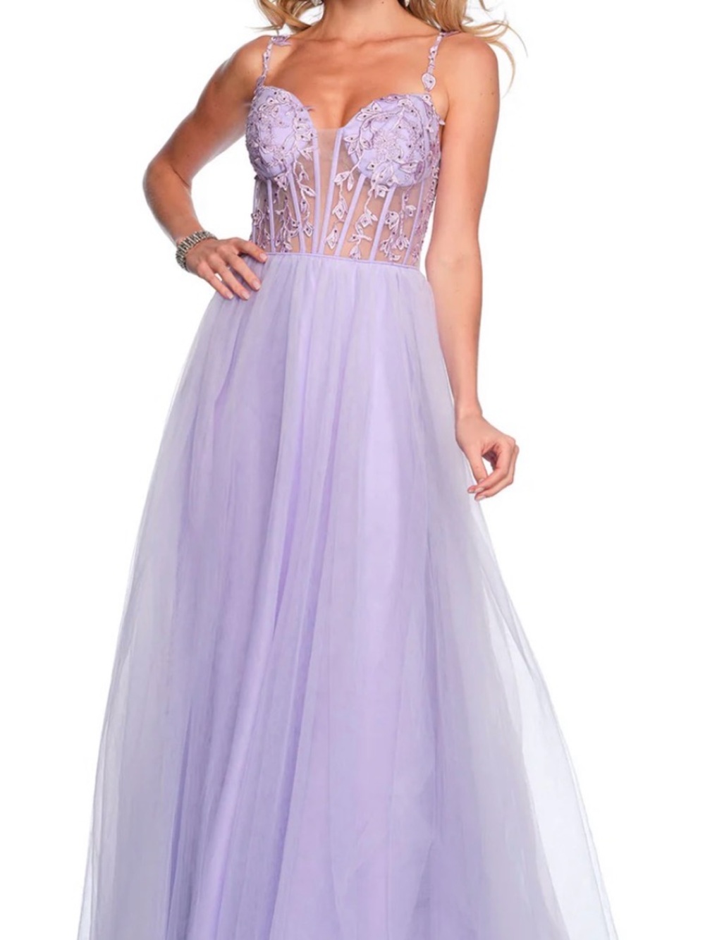 Dave & Johnny Lavender Lace Appliqué Tulle Prom Gown